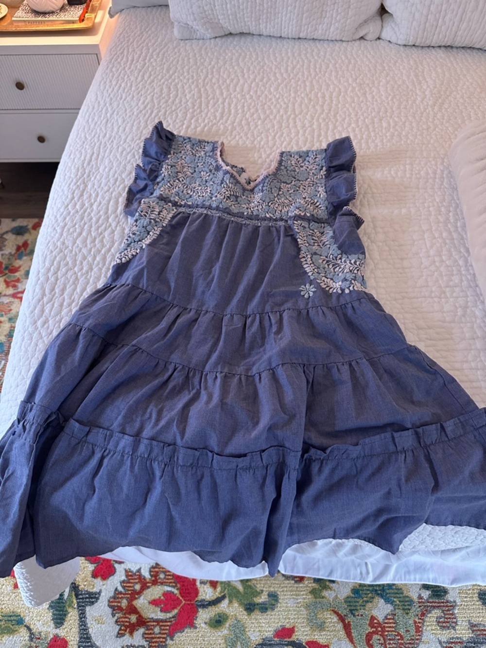 Girls' Blue Embroidered Ruffle Tiered Dress by